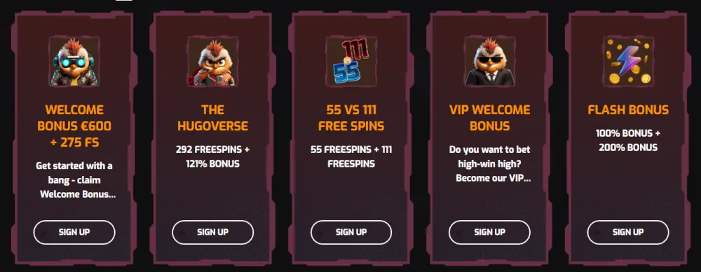 Hugo Casino promotertabell som viser ulike velkomst- og reload-bonuser.